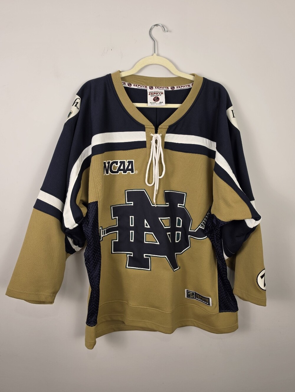 Vtg Notre Dame Fighting Irish Zephyr Hockey Jersey 44 Authentic Fight Strap Rare